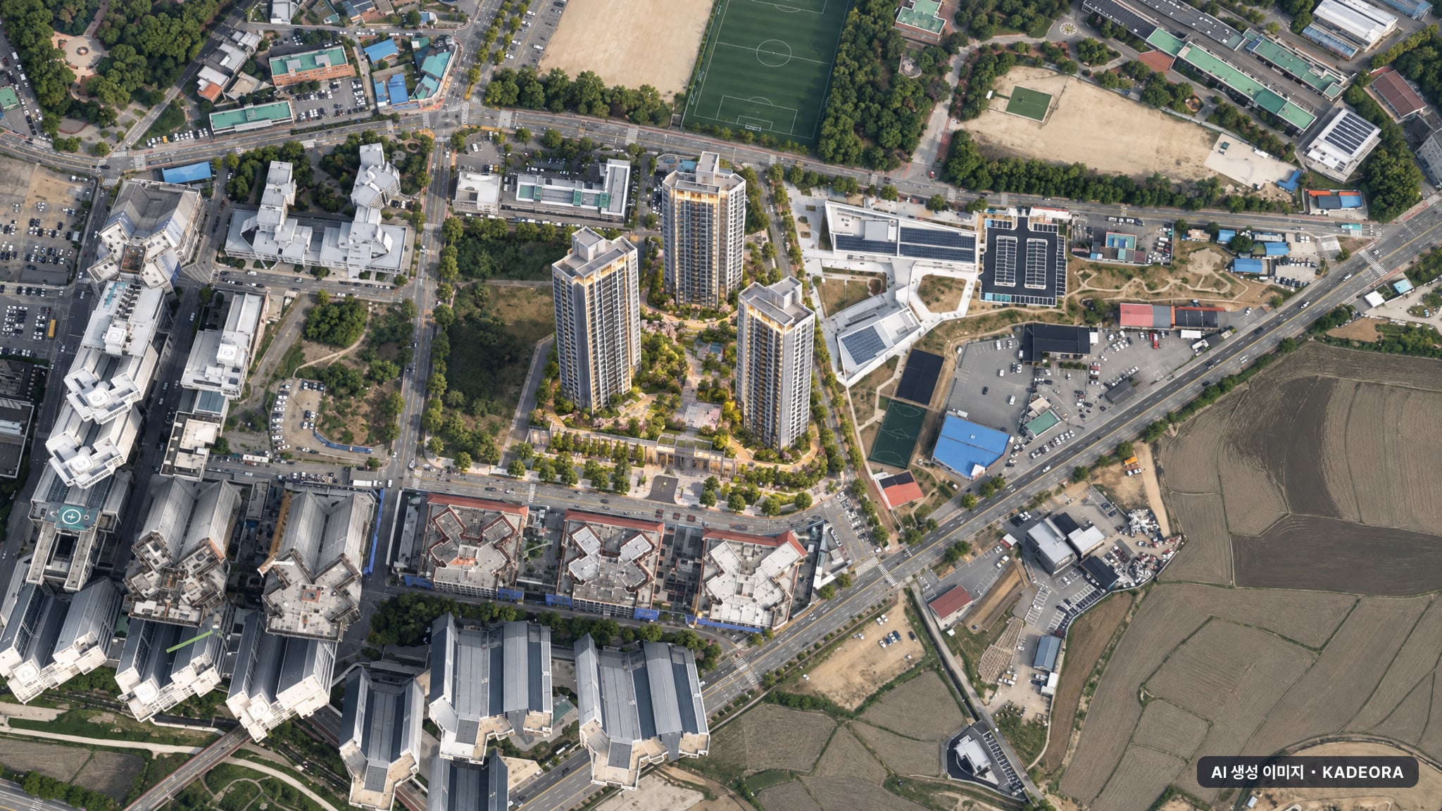 이천 롯데캐슬 센트럴 페라즈 스카이 단지 전경 AI 상상도(주간 항공) — 경기 이천시 착공 801세대
