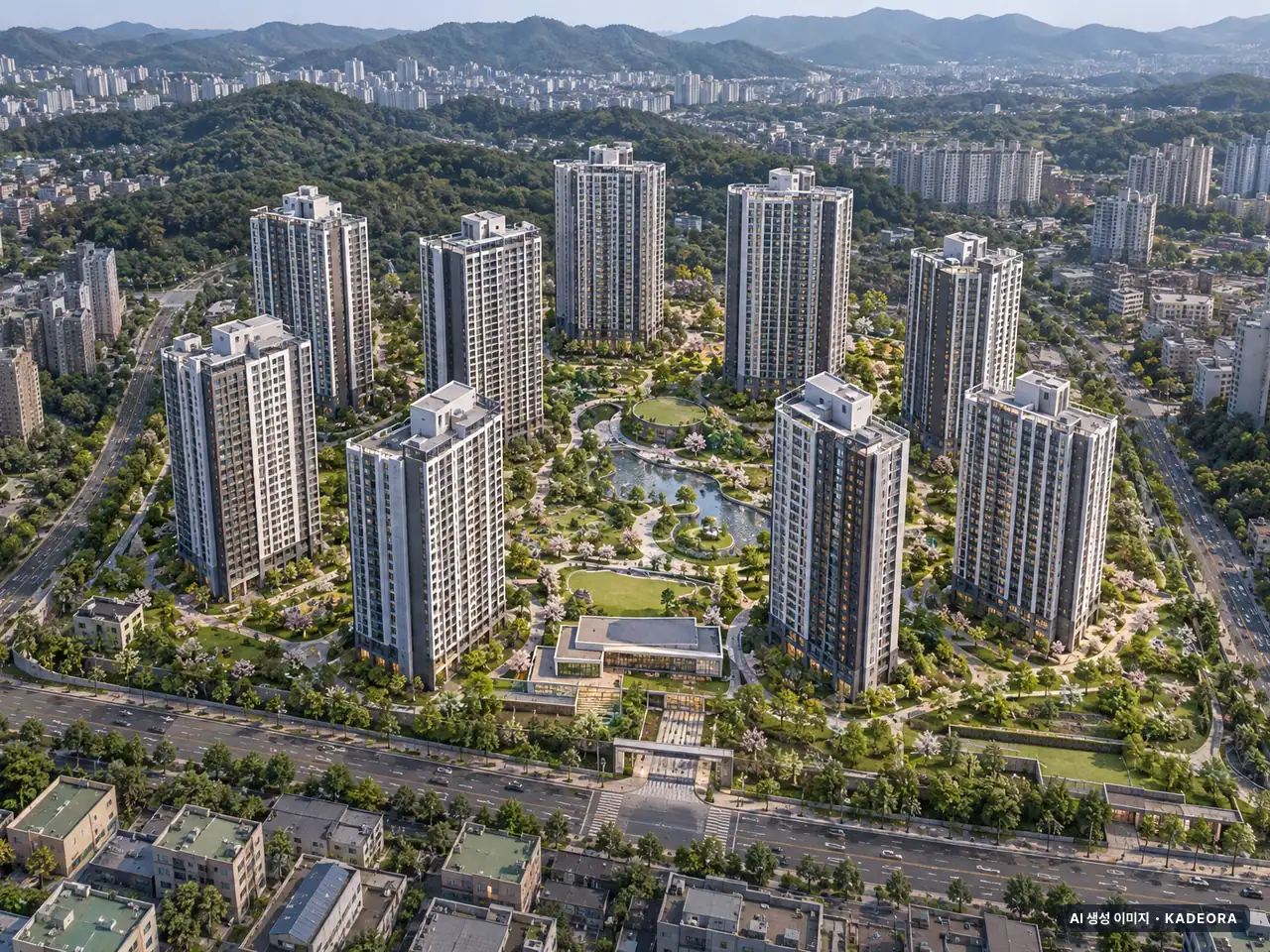 부산 동래구 사직1-6 재건축 10개동·총 1,090세대 기준 AI 상상도(주간 항공) — 실제와 다를 수 있음