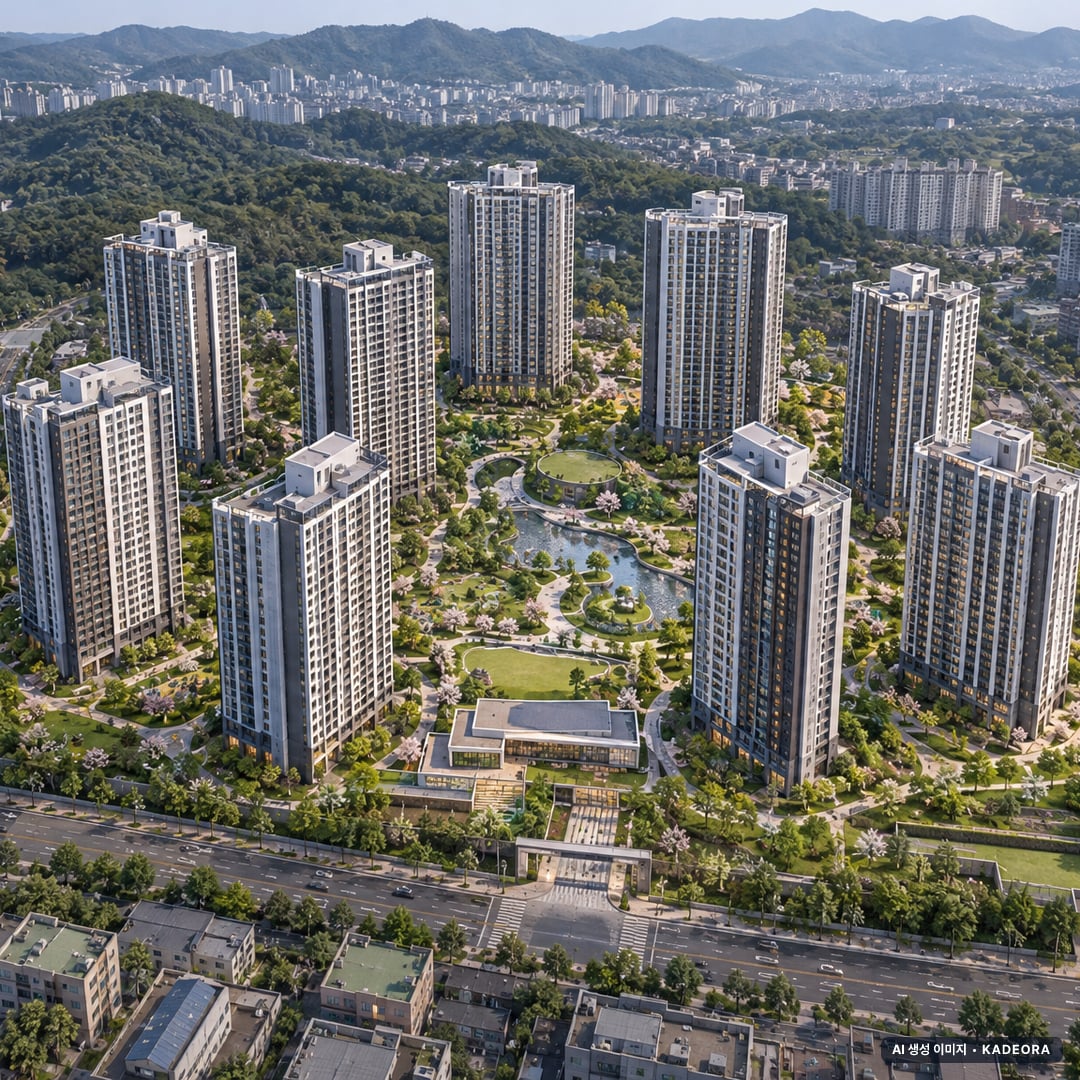 부산 동래구 사직1-6 재건축 10개동·총 1,090세대 기준 AI 상상도(주간 항공) — 실제와 다를 수 있음