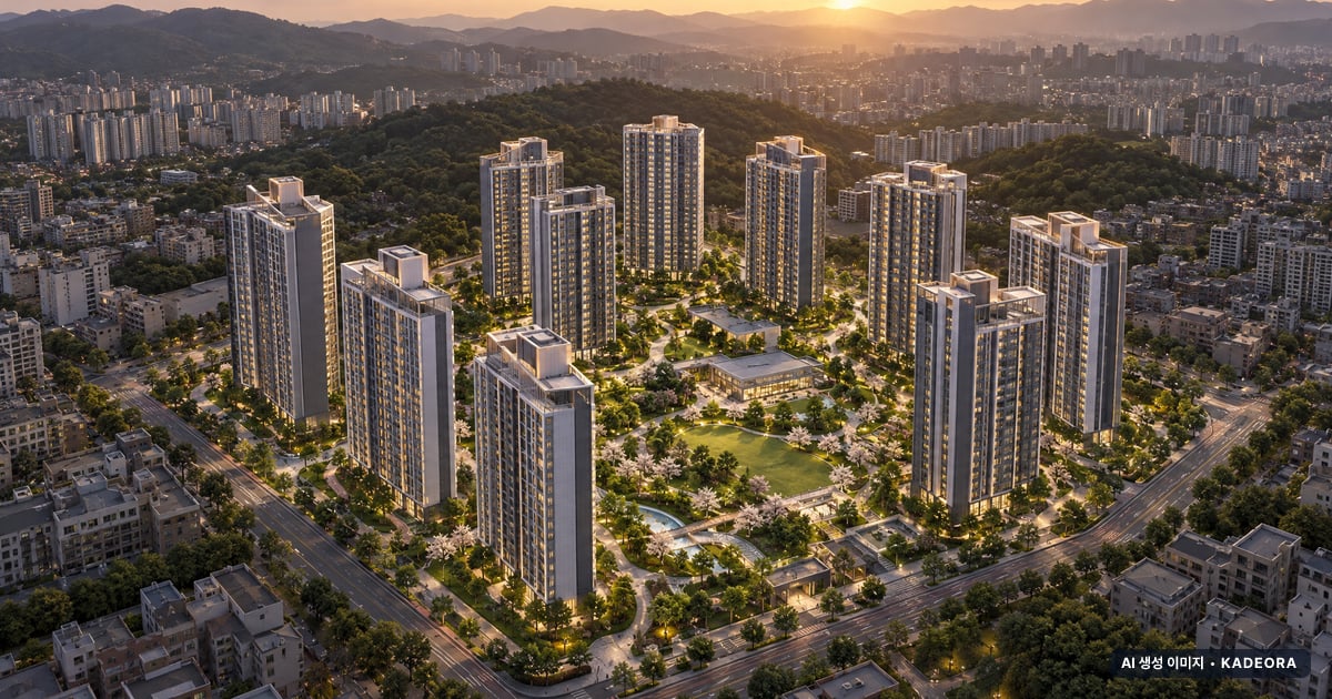부산 동래구 사직1-6 재건축 10개동·총 1,090세대 기준 AI 상상도 — 실제와 다를 수 있음 부산 동래구 사직1-6 재건축 10개동·총 1,090세대 기준 AI 상상도(노을 항공) — 실제와 다를 수 있음