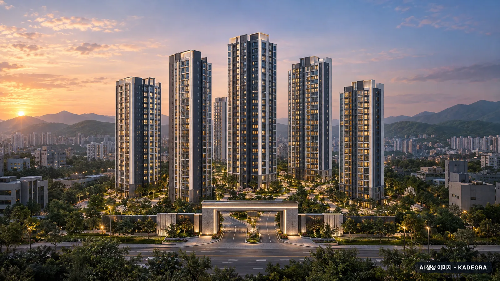 경기광주역 롯데캐슬 시그니처 1단지 7개동·최고 32층·이번 1,077세대 공급 기준 AI 상상도(단지 입구) — 실제와 다를 수 있음