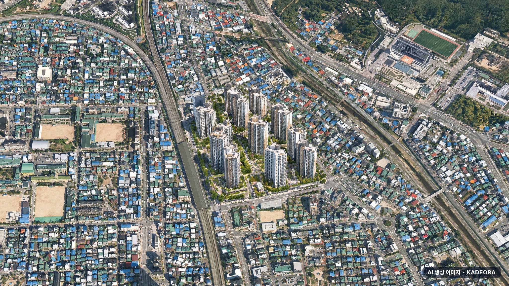 의정부9구역 단지 전경 AI 상상도(주간 항공) — 경기 의정부시 부지계획 1,757세대