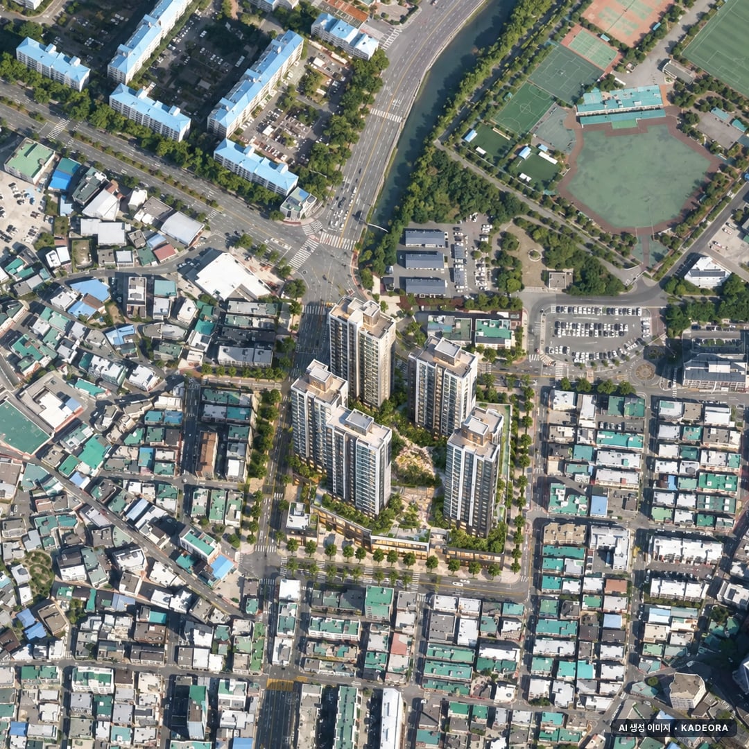 부산 남구 용호12 재개발 조감도 AI 상상도(주간 항공) — 부산 남구 부지계획 505세대