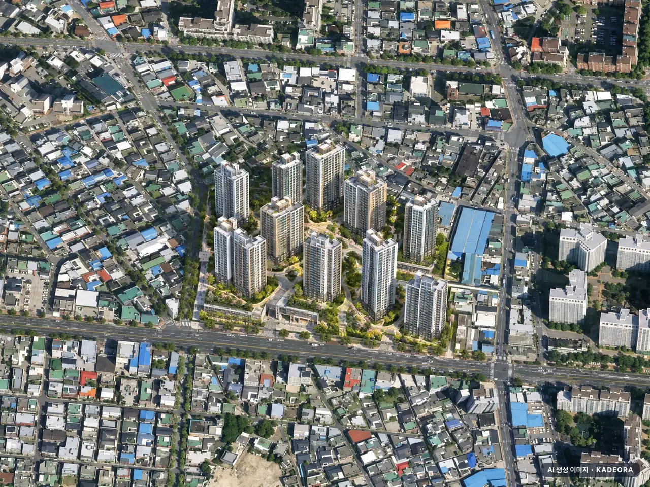 대구 봉덕1동 우리주택 재개발 단지 전경 AI 상상도(주간 항공) — 대구 남구 시공사 선정 1,065세대