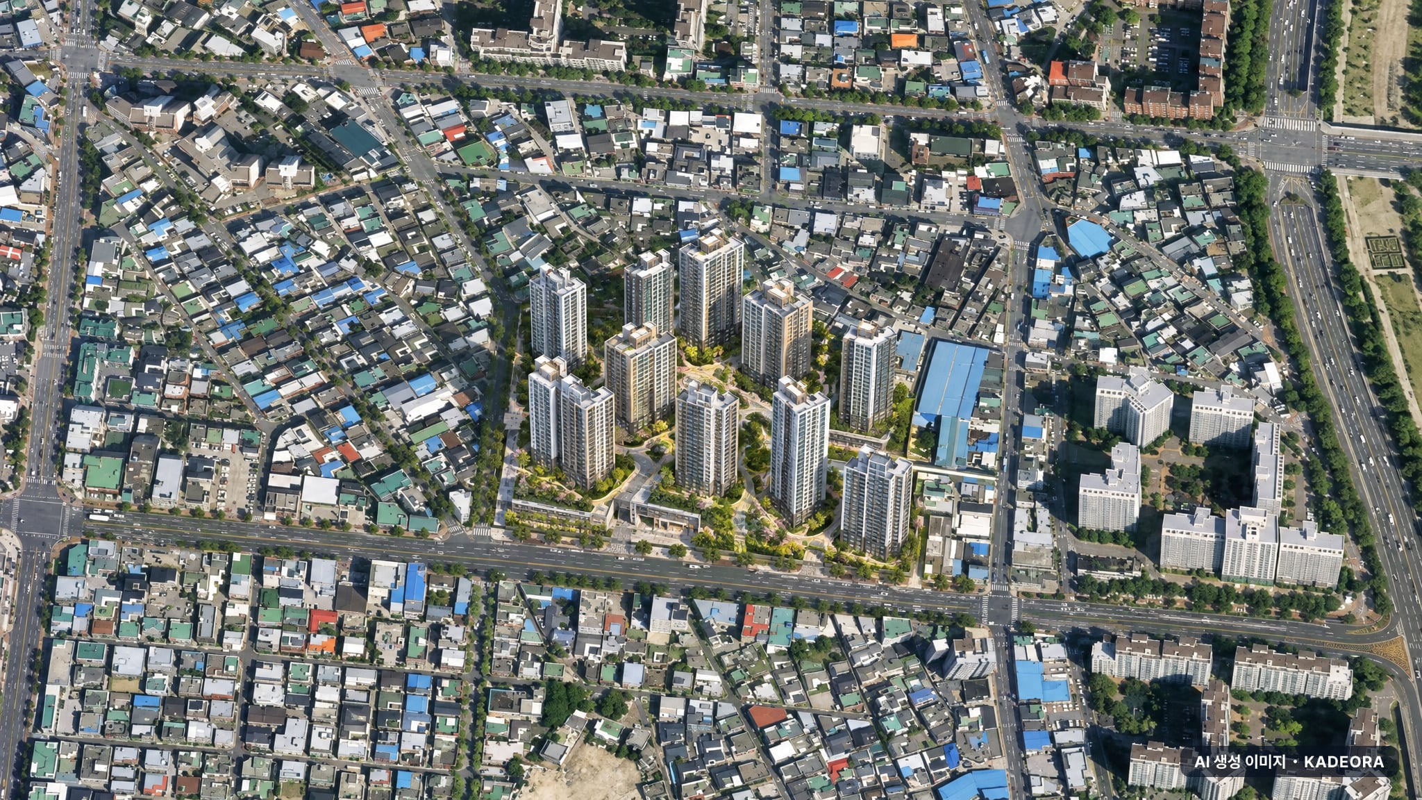 대구 봉덕1동 우리주택 재개발 조감도 AI 상상도(주간 항공) — 대구 남구 시공사 선정 1,065세대