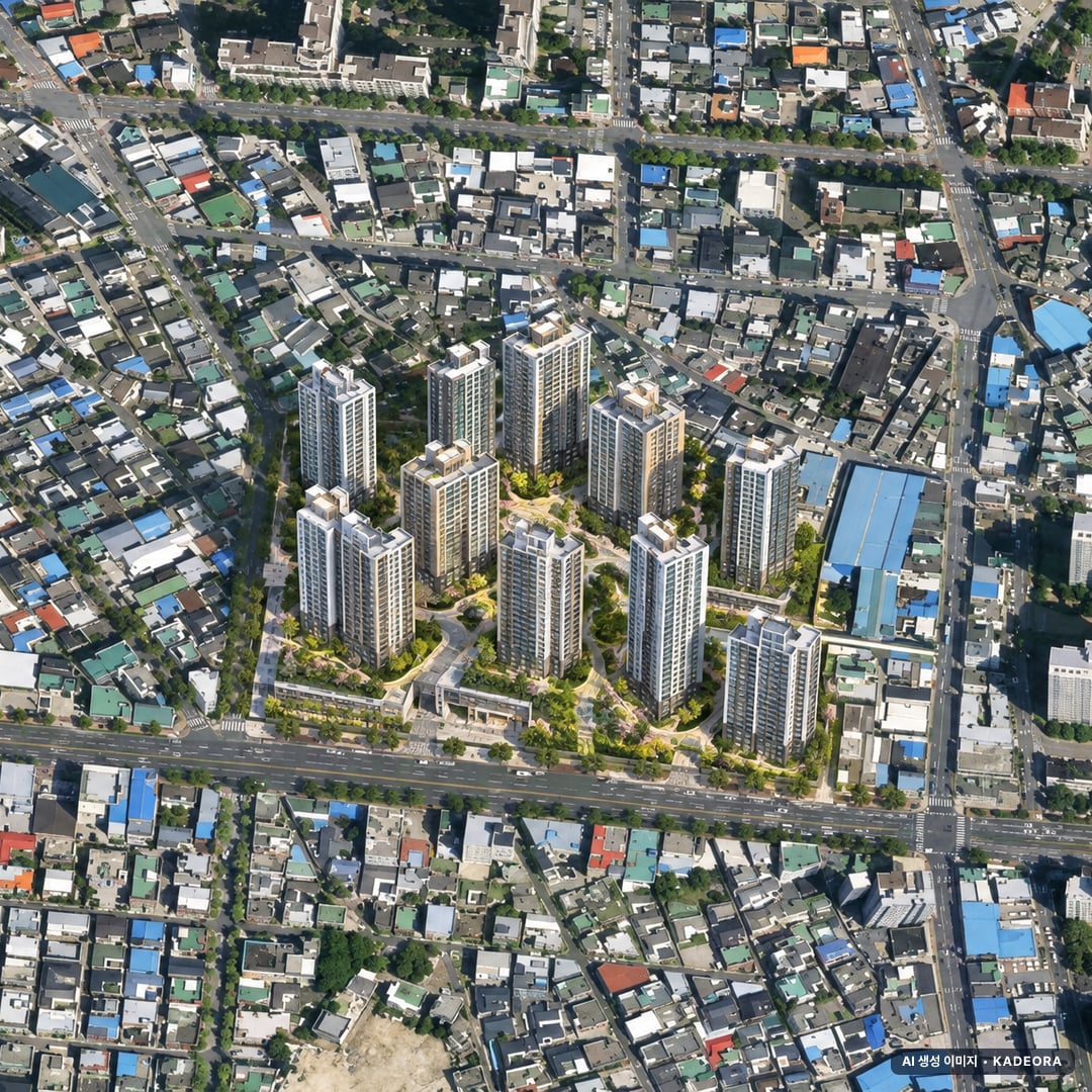 대구 봉덕1동 우리주택 재개발 조감도 AI 상상도(주간 항공) — 대구 남구 시공사 선정 1,065세대