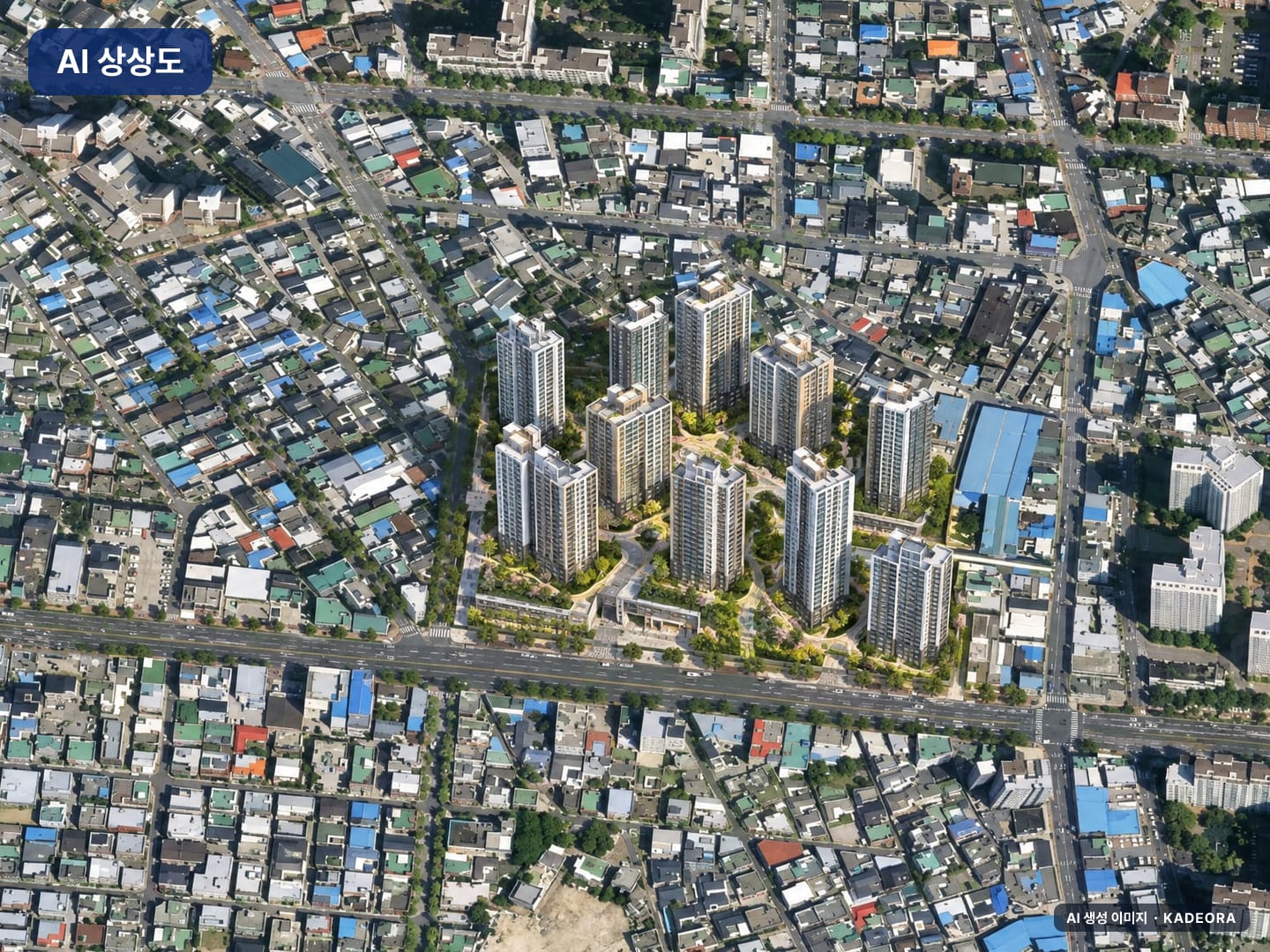 대구 봉덕1동 우리주택 재개발 단지 전경 AI 상상도(주간 항공) — 대구 남구 시공사 선정 1,065세대