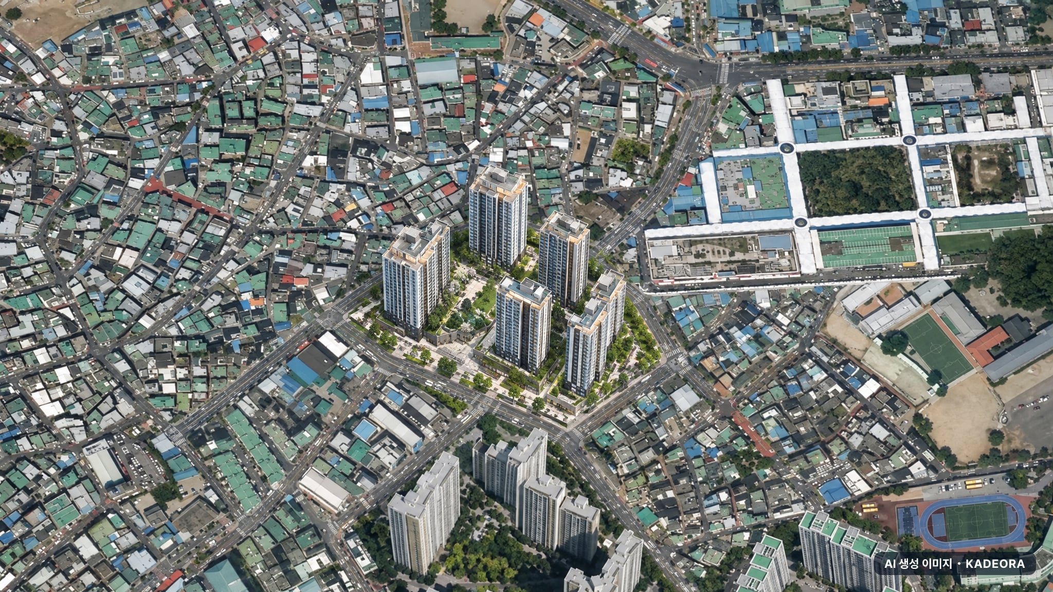 대구 서문지구 재개발 조감도 AI 상상도(주간 항공) — 대구 중구 사업시행인가 818세대
