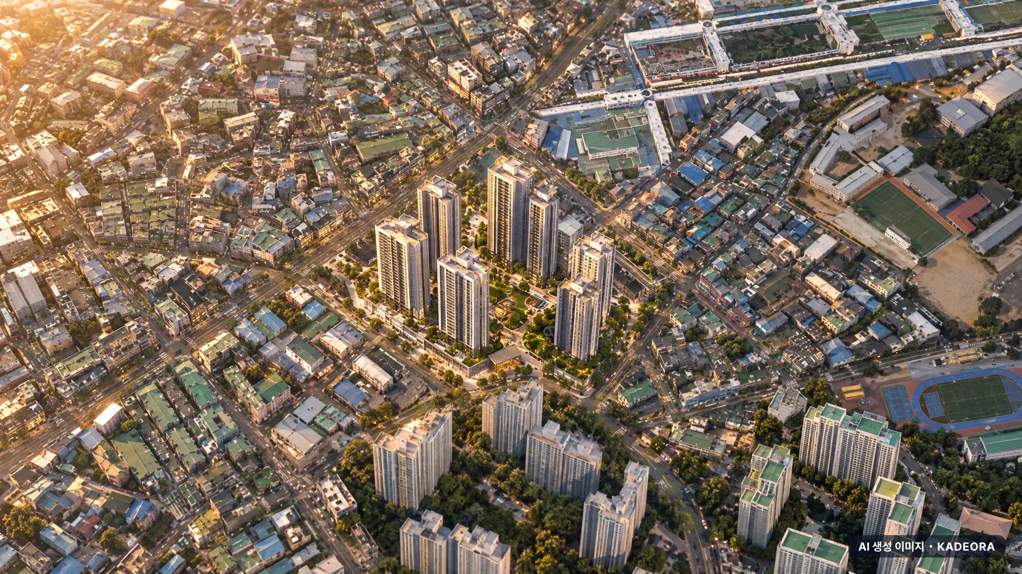 대구 서문지구 재개발 조감도 AI 상상도(노을 항공) — 대구 중구 사업시행인가 818세대