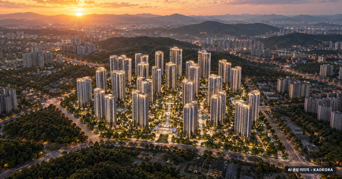 운정 아이파크 시티 노을 항공 상상도 · AI 생성 이미지로 실제와 다를 수 있음 운정 아이파크 시티 단지 전경 AI 상상도(노을 항공) — 경기 파주시 착공 3,250세대