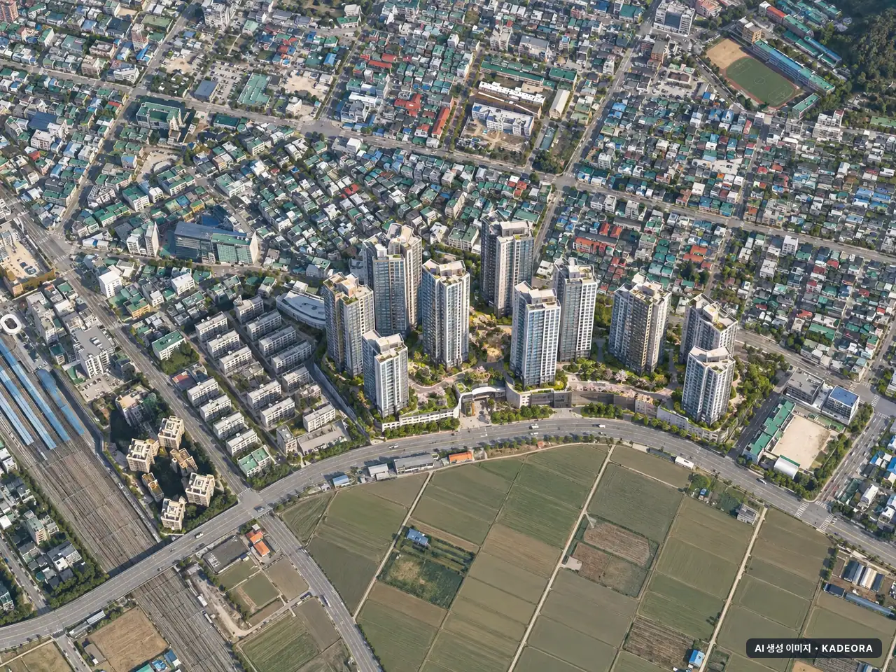 평택시 합정주공 총 1,910세대 기준 AI 상상도(주간 항공) — 실제와 다를 수 있음