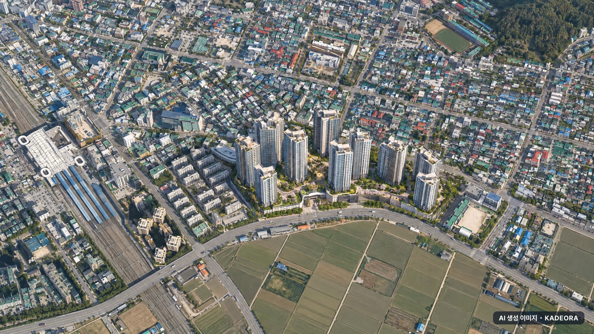 평택시 합정주공 조감도 AI 상상도(주간 항공) — 경기 평택시 착공 1,910세대