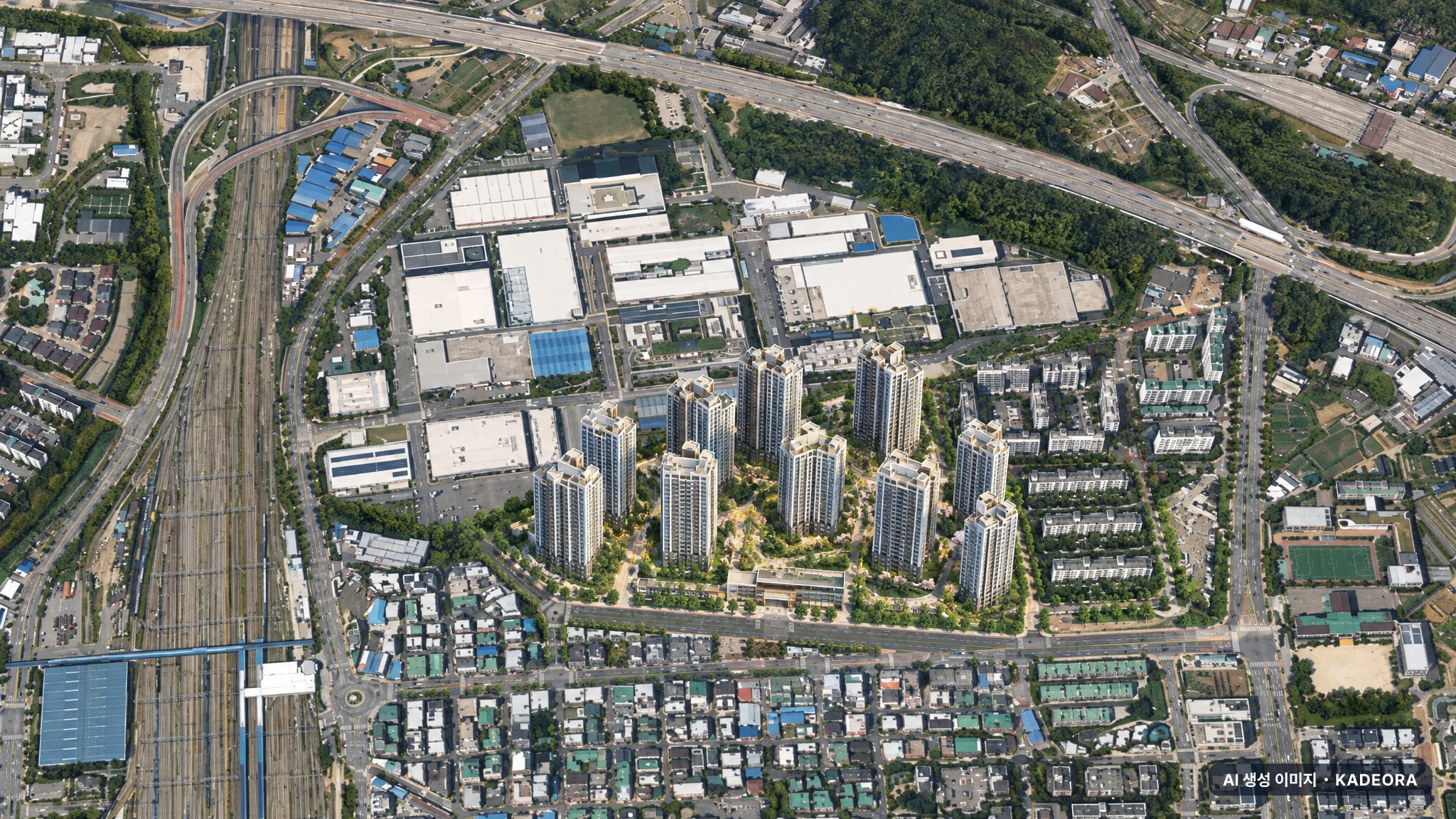 의왕시 부곡가구역 단지 전경 AI 상상도(주간 항공) — 경기 의왕시 관리처분인가 1,857세대