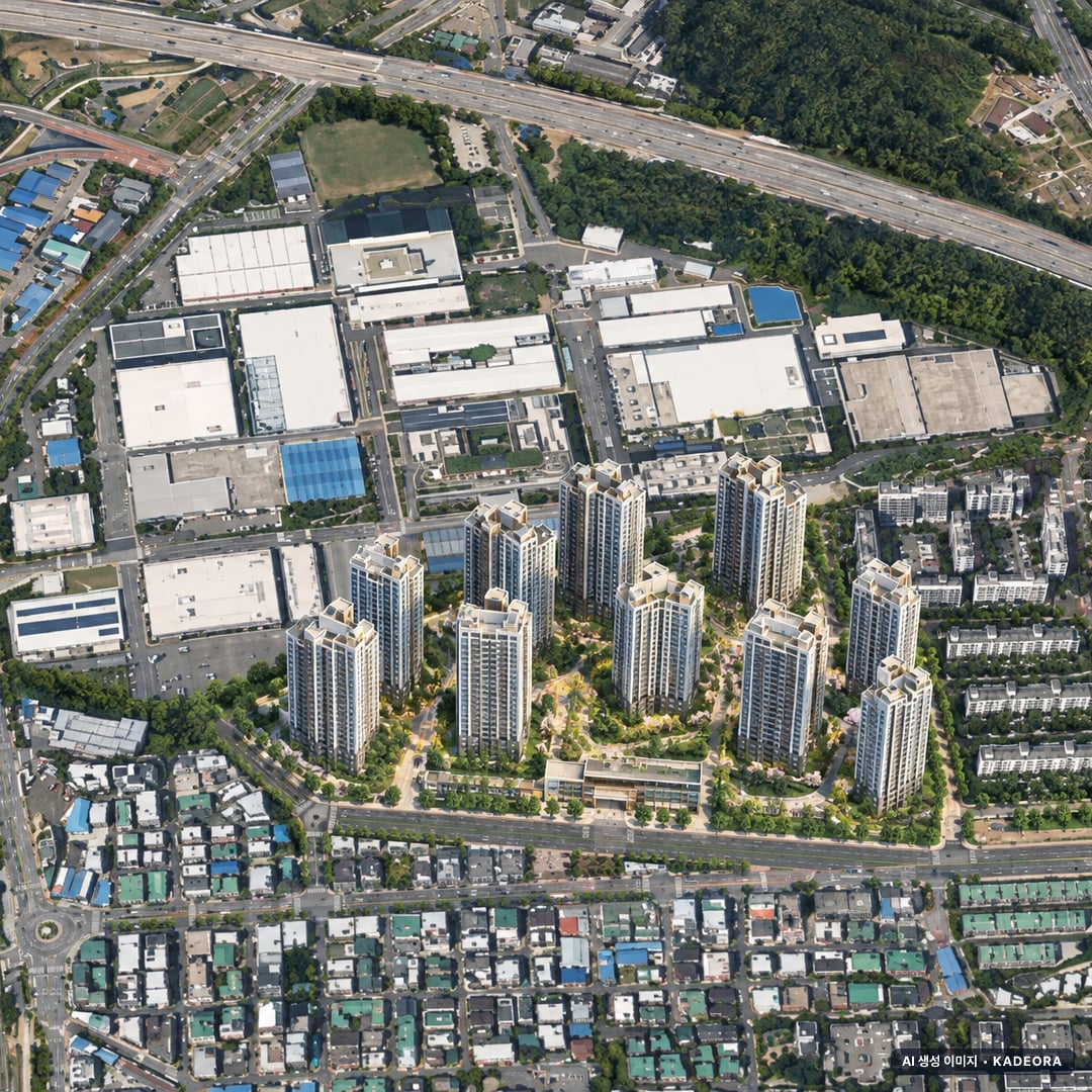 의왕시 부곡가구역 조감도 AI 상상도(주간 항공) — 경기 의왕시 관리처분인가 1,857세대