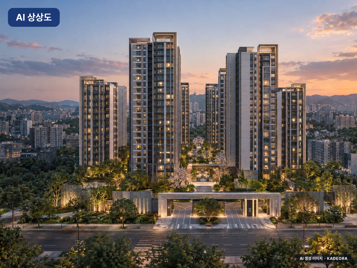 검단 센트레빌 그랑포레 단지 전경 AI 상상도(단지 입구) — 검단구 843세대 — AI 생성 상상도 · 실제와 다를 수 있음