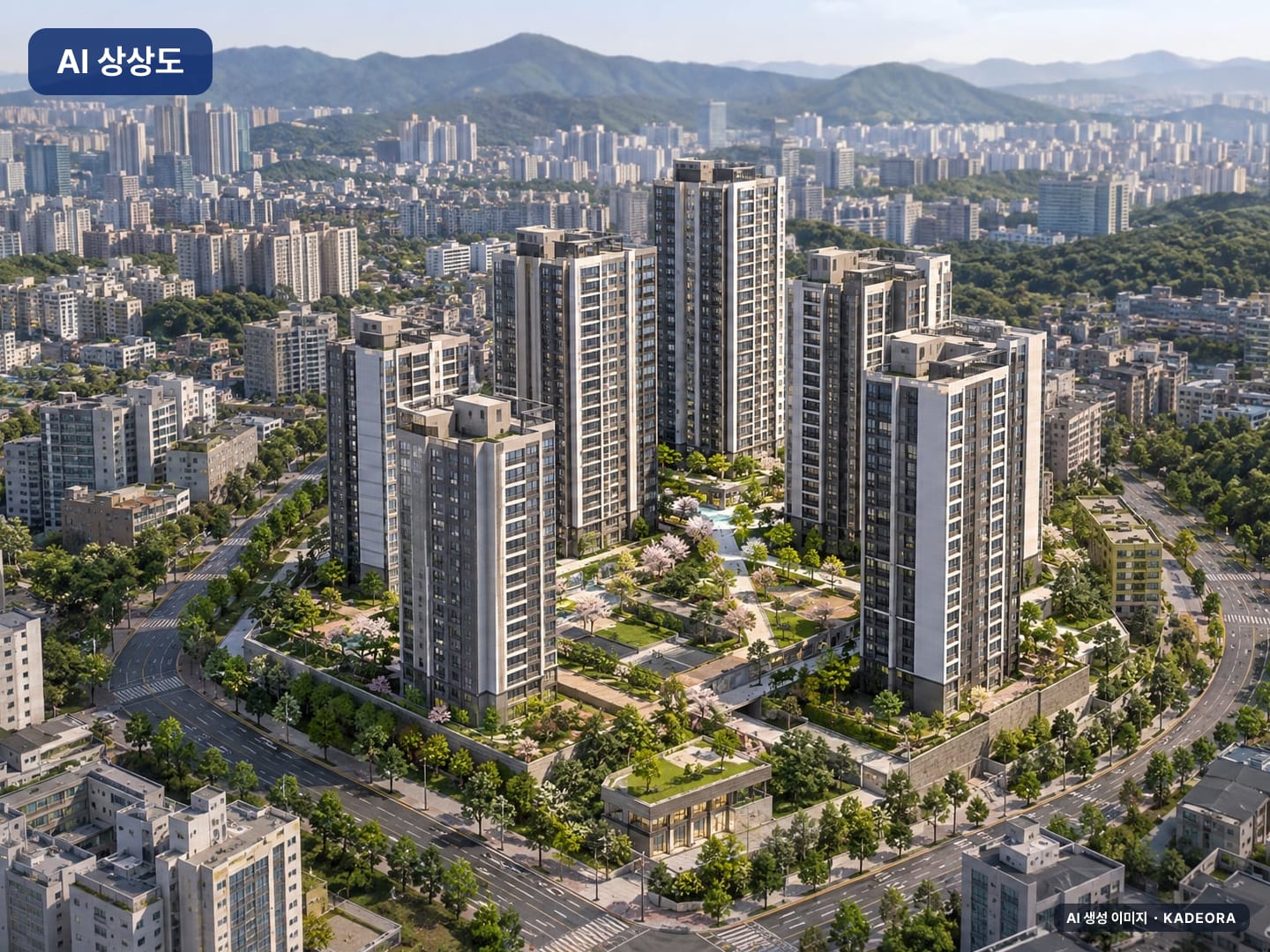검단 센트레빌 그랑포레 단지 전경 AI 상상도(주간 항공) — 검단구 843세대 — AI 생성 상상도 · 실제와 다를 수 있음