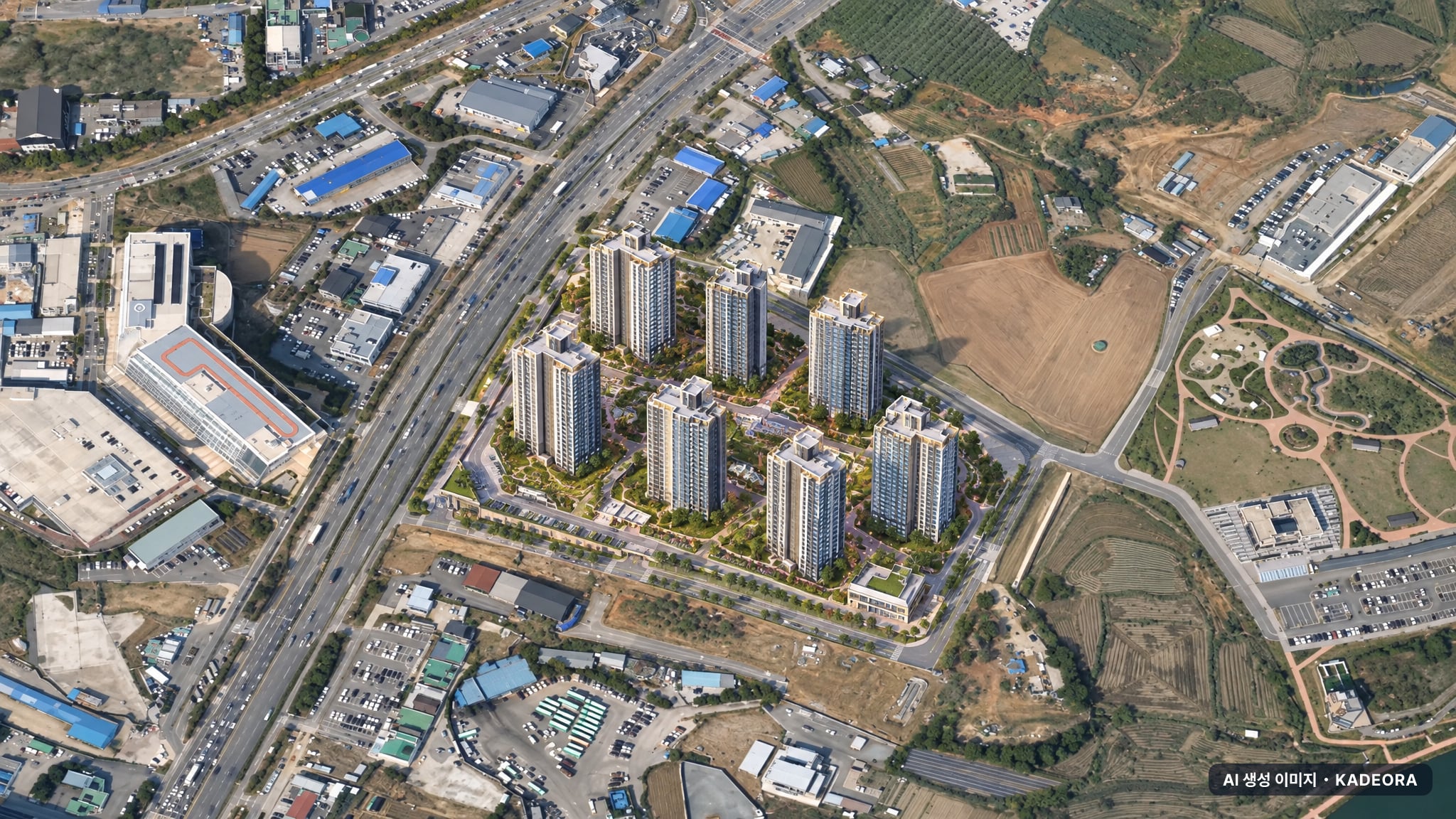 성성자이 레이크파크 단지 전경 AI 상상도(주간 항공) — 충남 천안시 착공 883세대
