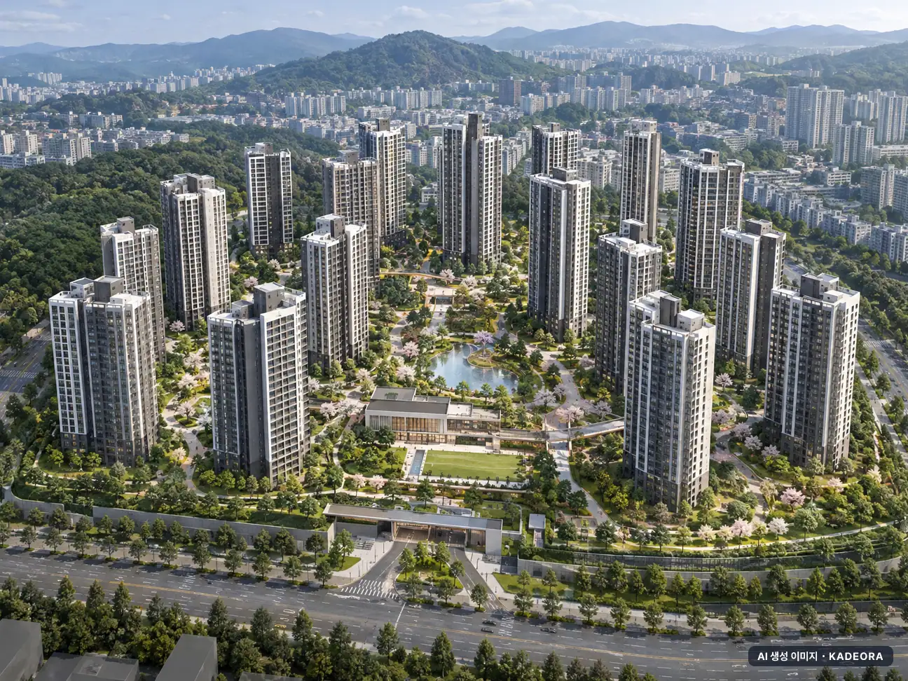 원주 푸르지오 더 센트럴 17개동·최고 29층·총 1,502세대(이번 1,273세대 공급) 기준 AI 상상도(주간 항공) — 실제와 다를 수 있음