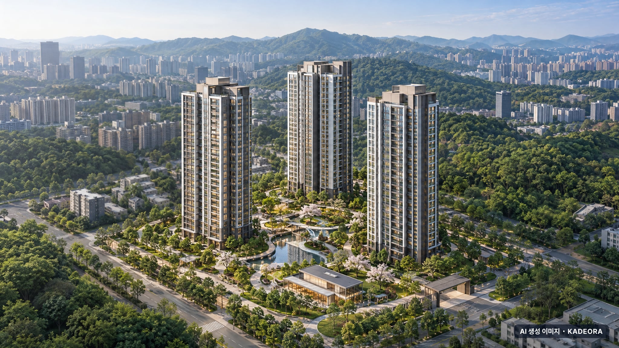 울산역 폴리시아 아이유쉘 주간 항공 상상도 · AI 생성 이미지로 실제와 다를 수 있음 울산역 폴리시아 아이유쉘 단지 전경 AI 상상도(주간 항공) — 울산 울주군 착공 357세대