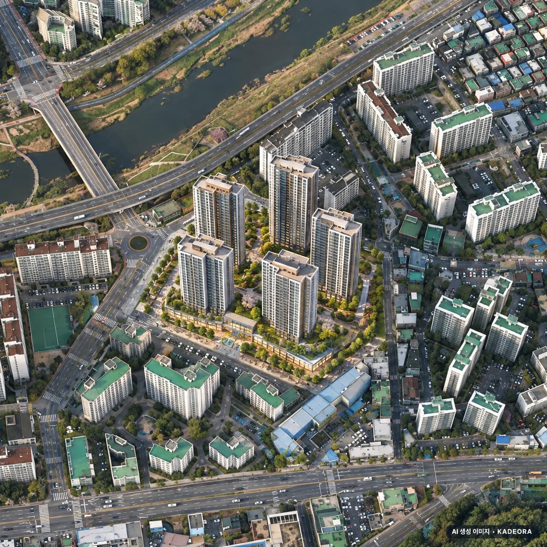 안양시 박달신한아파트 조감도 AI 상상도(주간 항공) — 경기 안양시 착공 507세대