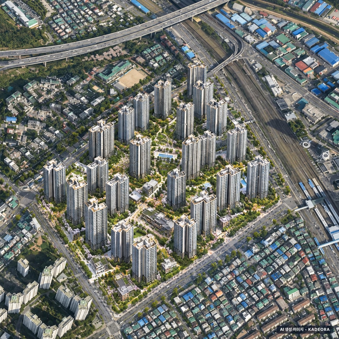 경기 군포 산본 재건축 조감도 AI 상상도(주간 항공) — 경기 군포시 조합설립 3,100세대