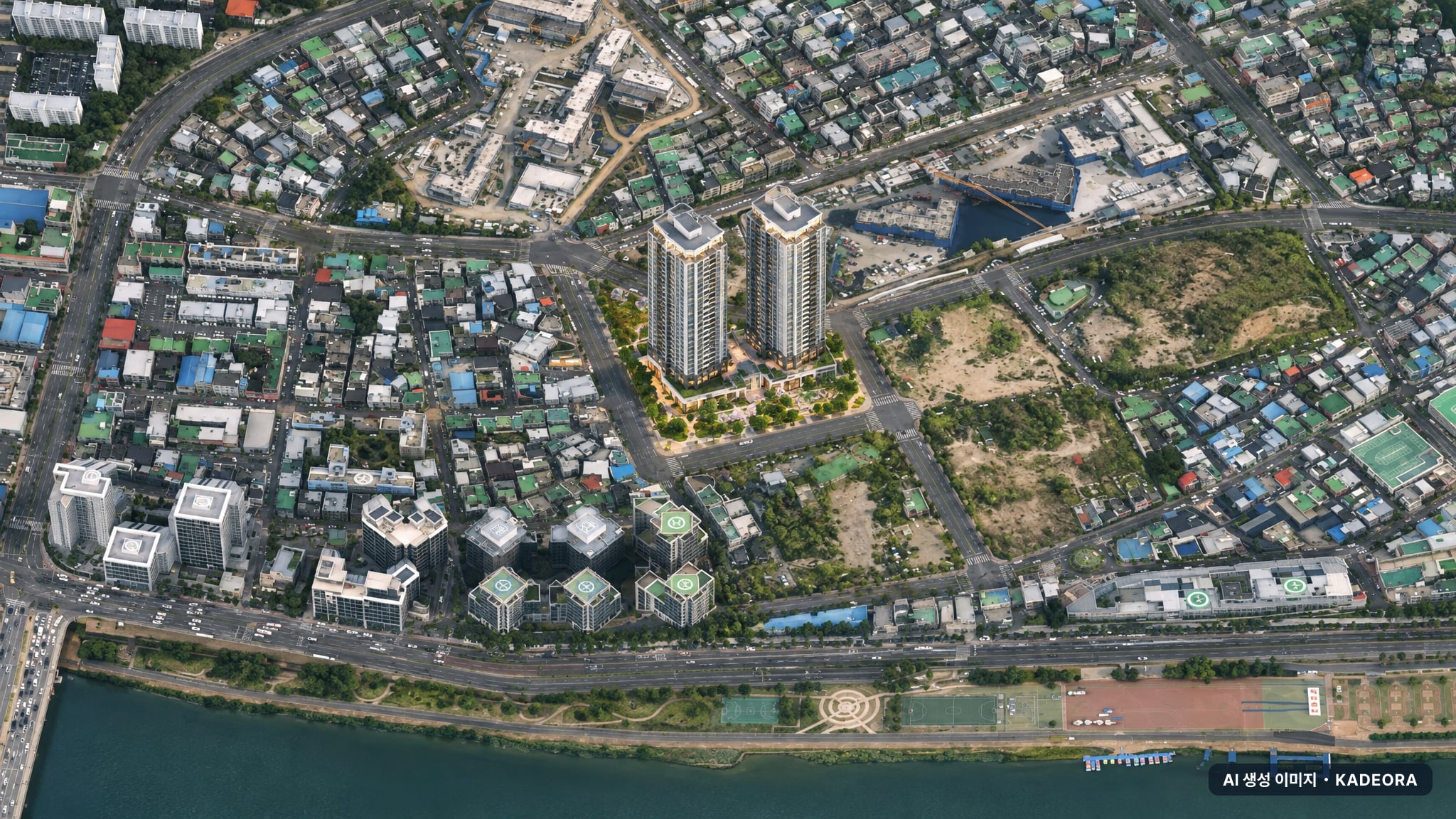 더폴 우정 주간 항공 상상도 · AI 생성 이미지로 실제와 다를 수 있음 더폴 우정 단지 전경 AI 상상도(주간 항공) — 울산 중구 착공 316세대