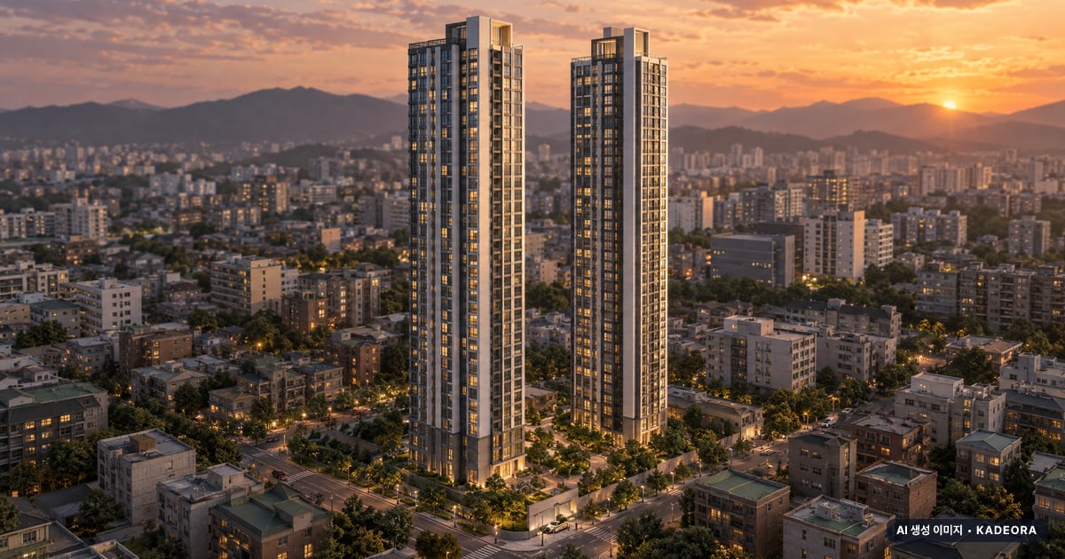 더폴 우정 2개동·최고 44층·총 316세대 기준 AI 상상도(노을 항공) — 실제와 다를 수 있음