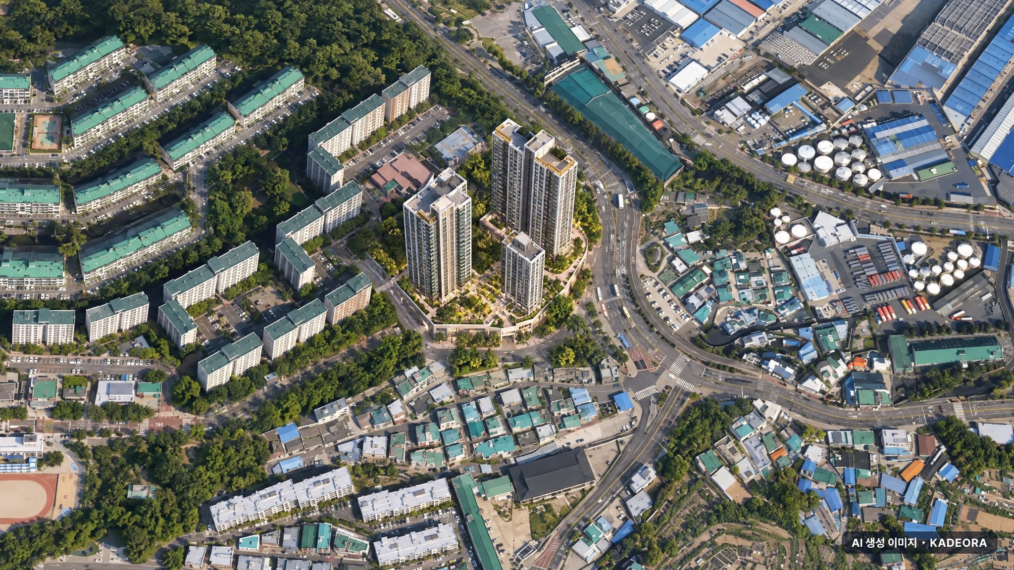 부산 영도구 도시아파트 소규모재건축 조감도 AI 상상도(주간 항공) — 부산 영도구 조합설립 233세대