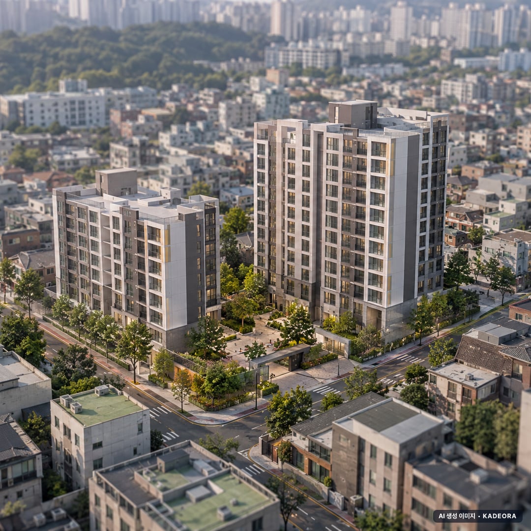 부산 영도구 도시아파트 소규모재건축 총 233세대 기준 AI 상상도 — 실제와 다를 수 있음 부산 영도구 도시아파트 소규모재건축 총 233세대 기준 AI 상상도(주간 항공) — 실제와 다를 수 있음