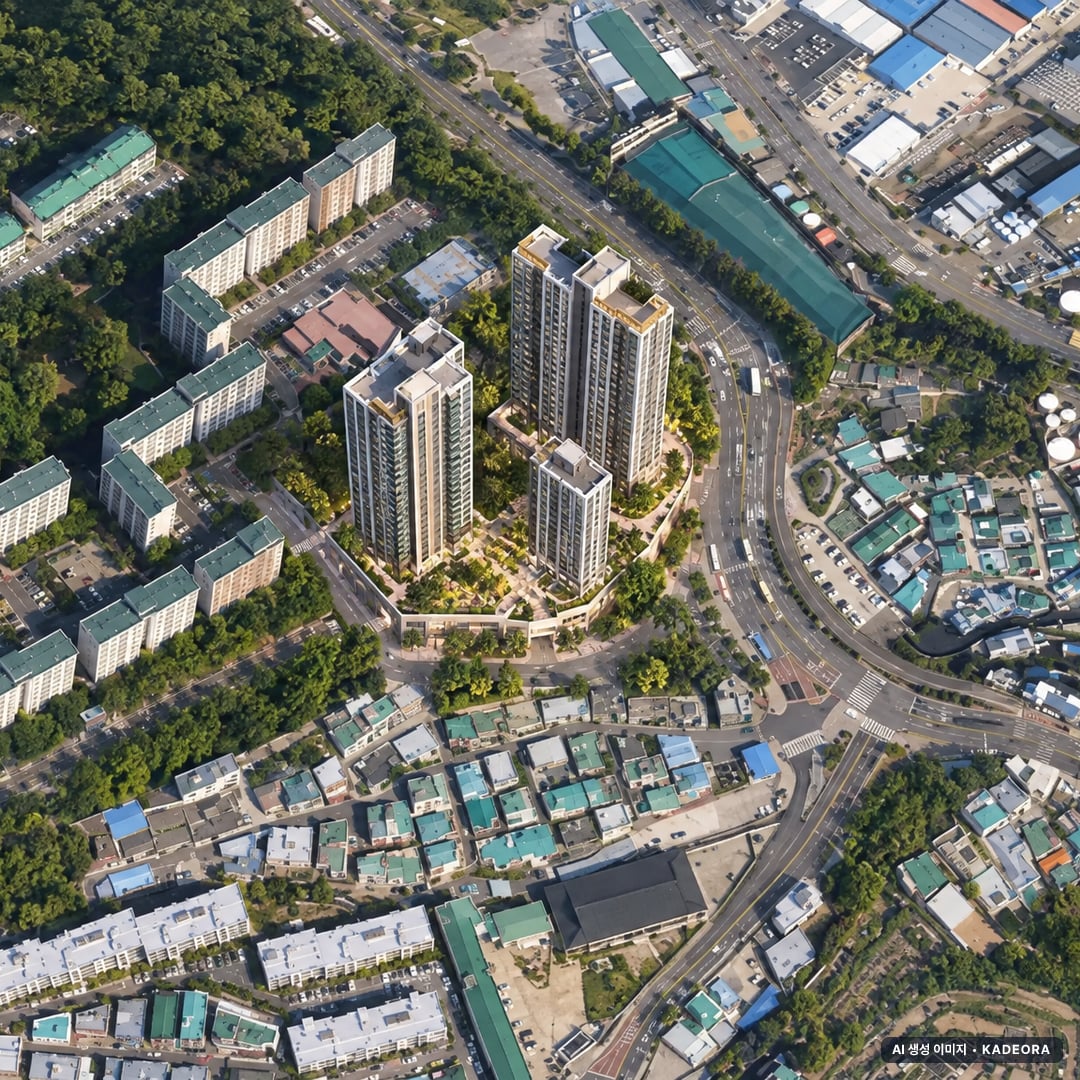 부산 영도구 도시아파트 소규모재건축 조감도 AI 상상도(주간 항공) — 부산 영도구 조합설립 233세대