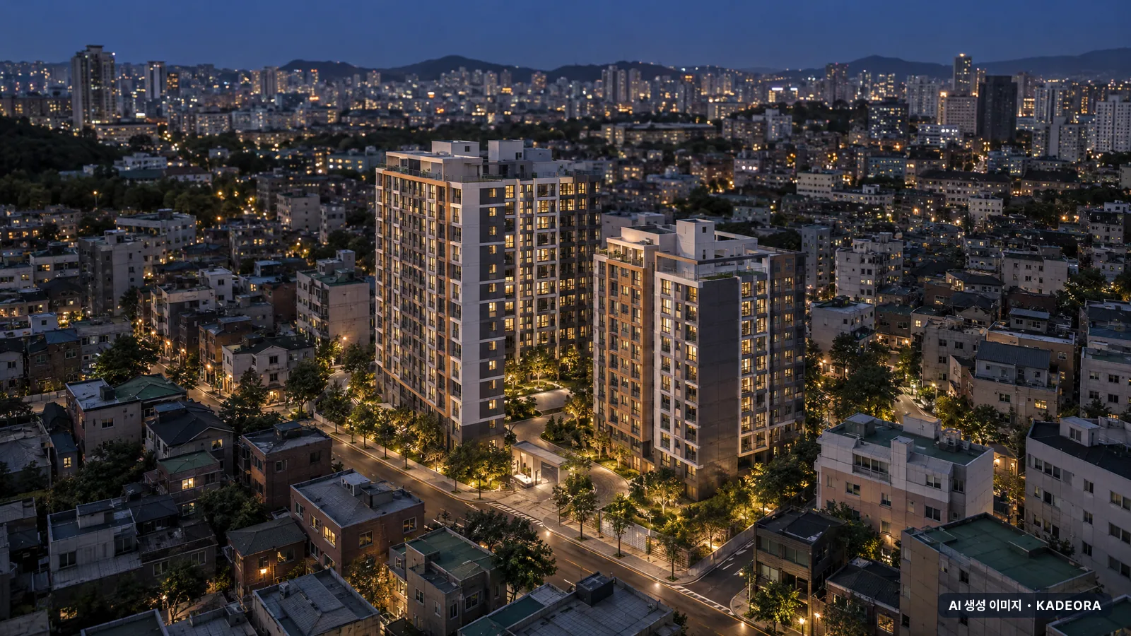 부산 영도구 도시아파트 소규모재건축 총 233세대 기준 AI 상상도(야경) — 실제와 다를 수 있음