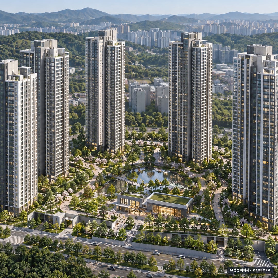 인하대역 수자인 로이센트(3차) 6개동·최고 43층·총 1,199세대(이번 15세대 공급) 기준 AI 상상도(주간 항공) — 실제와 다를 수 있음