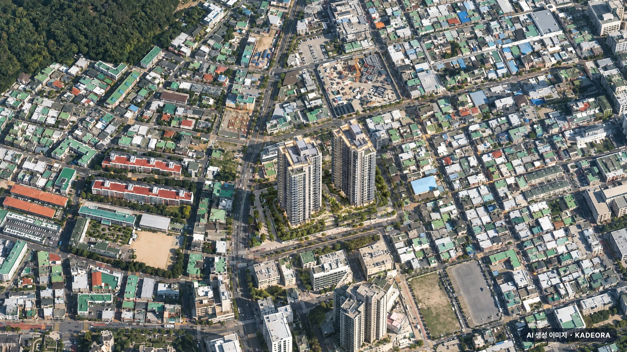 더폴 울산신정 주간 항공 상상도 · AI 생성 이미지로 실제와 다를 수 있음 더폴 울산신정 단지 전경 AI 상상도(주간 항공) — 울산 남구 착공 168세대
