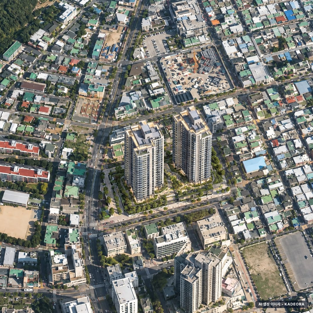 더폴 울산신정 단지 전경 AI 상상도(주간 항공) — 울산 남구 착공 168세대