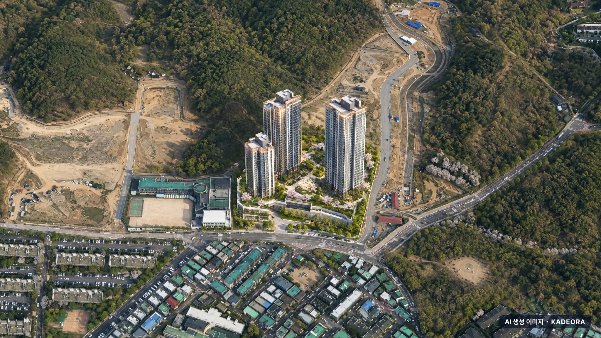 안양 에버포레 자연앤 e편한세상(A1BL) 단지 전경 AI 상상도(주간 항공) — 경기 안양시 착공 60세대