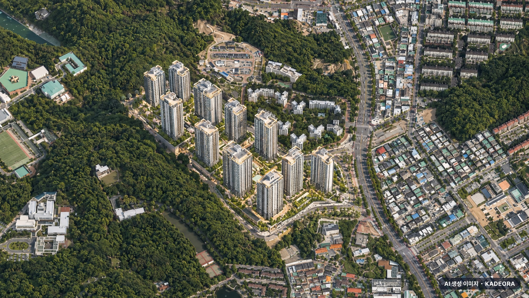 힐스테이트 더샵 상생공원 2단지 단지 전경 AI 상상도(주간 항공) — 경북 포항시 착공 1,668세대