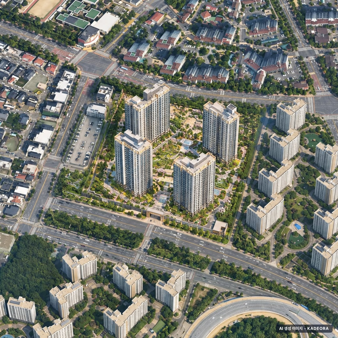 더샵 관저아르테 단지 전경 AI 상상도(주간 항공) — 대전 서구 착공 951세대