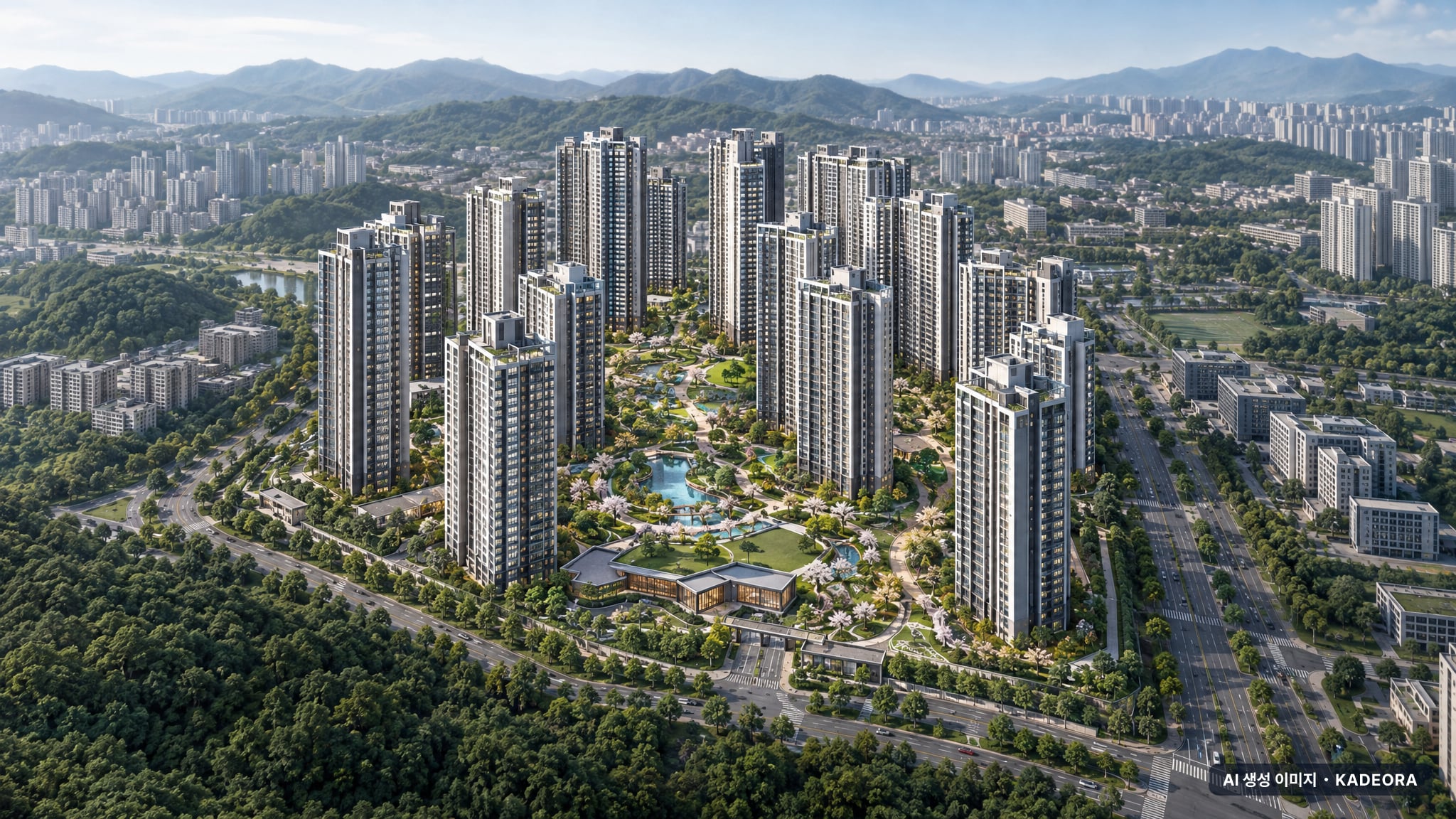 산곡역 자이힐스테이트&하늘채 주간 항공 상상도 · AI 생성 이미지로 실제와 다를 수 있음 산곡역 자이힐스테이트&하늘채 조감도 AI 상상도(주간 항공) — 인천 부평구 분양 예고 2,706세대