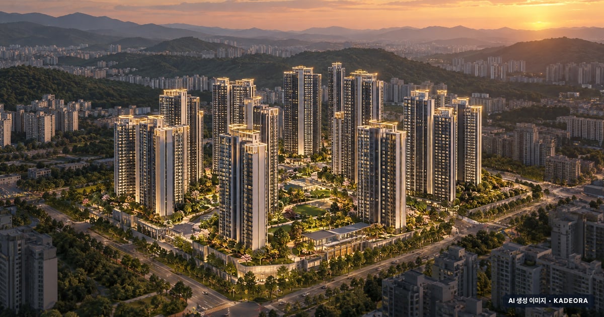 산곡역 자이힐스테이트&하늘채 노을 항공 상상도 · AI 생성 이미지로 실제와 다를 수 있음 산곡역 자이힐스테이트&하늘채 단지 전경 AI 상상도(노을 항공) — 인천 부평구 분양 예고 2,706세대