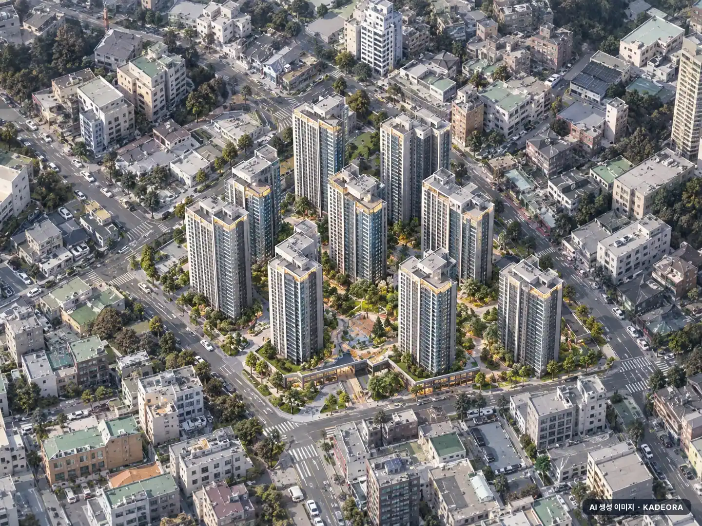 파주시 율목지구 총 1,152세대 기준 AI 상상도 — 실제와 다를 수 있음 파주시 율목지구 총 1,152세대 기준 AI 상상도(주간 항공) — 실제와 다를 수 있음