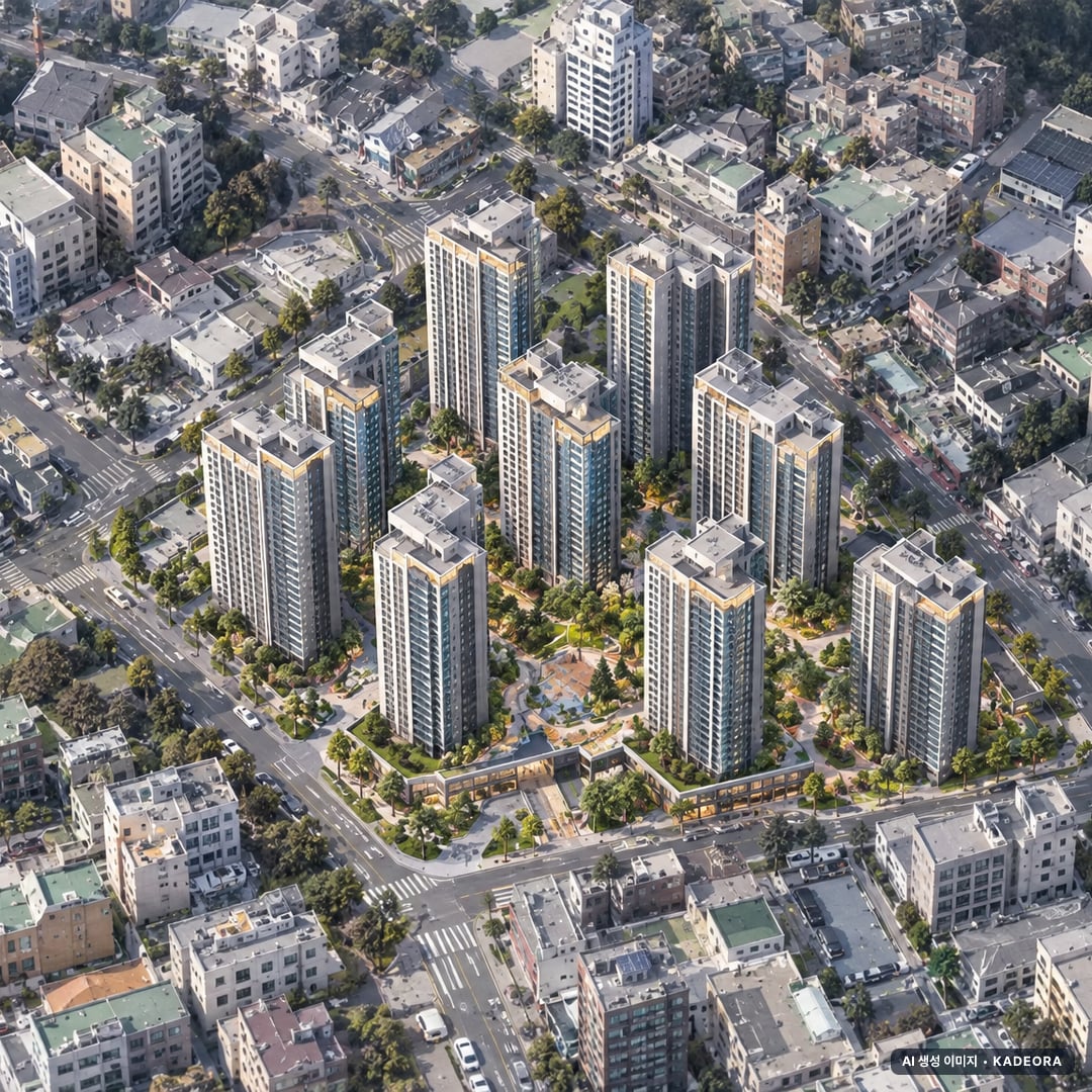 파주시 율목지구 조감도 AI 상상도(주간 항공) — 경기 파주시 관리처분인가 1,152세대