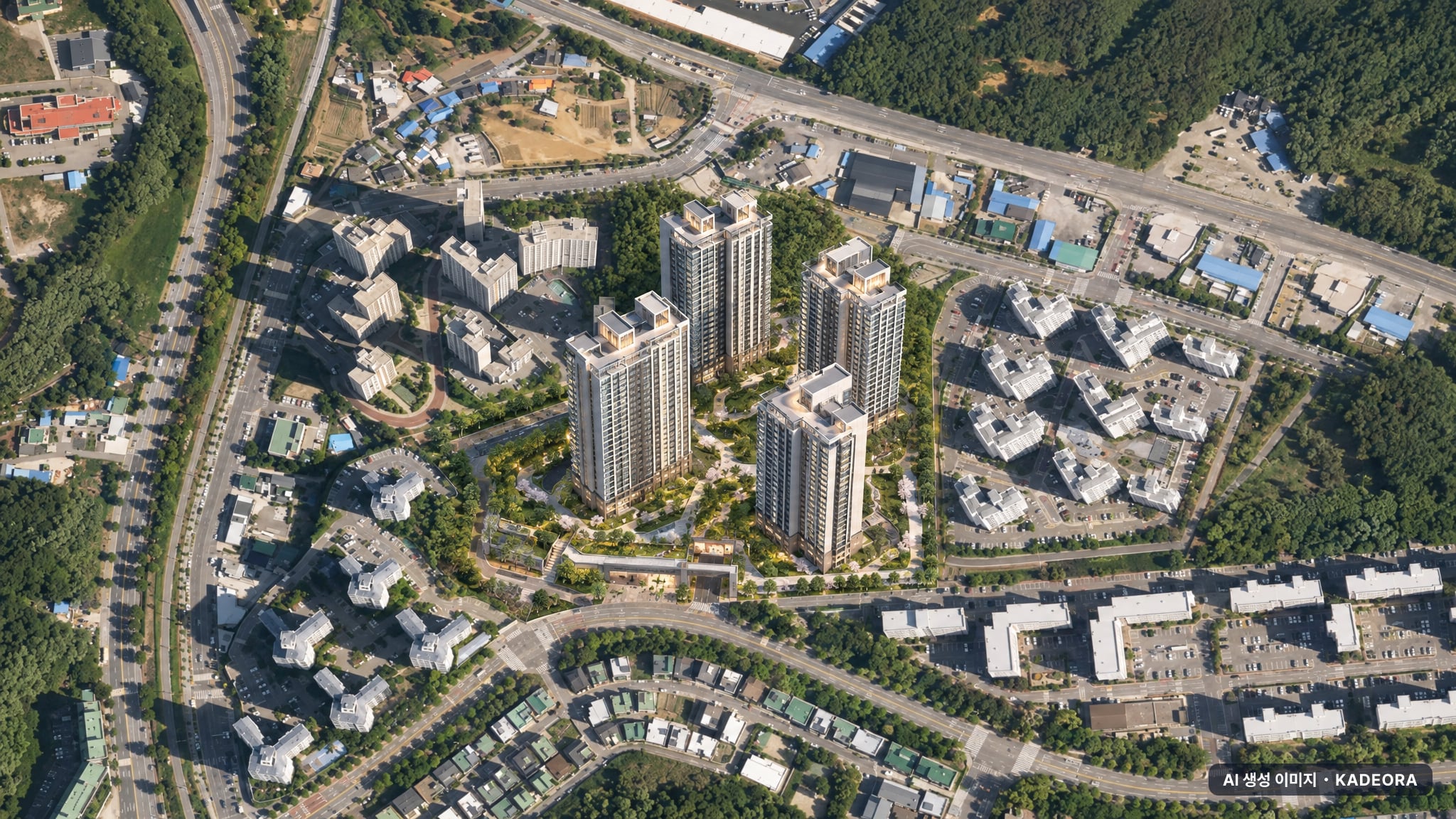 트리븐 삼척 단지 전경 AI 상상도(주간 항공) — 강원 삼척시 착공 418세대