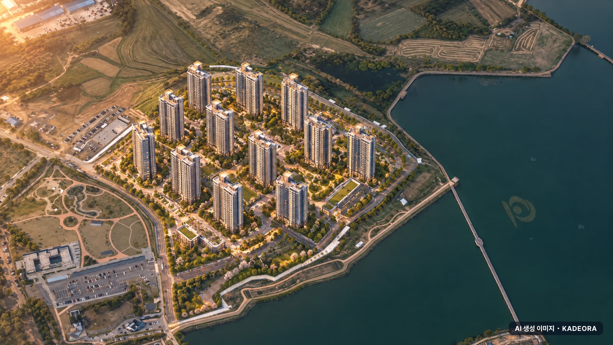 e편한세상 성성호수공원 단지 전경 AI 상상도(노을 항공) — 충남 천안시 착공 1,498세대