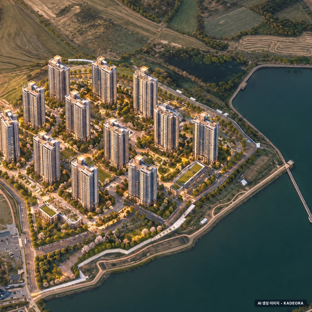 e편한세상 성성호수공원 단지 전경 AI 상상도(노을 항공) — 충남 천안시 착공 1,498세대