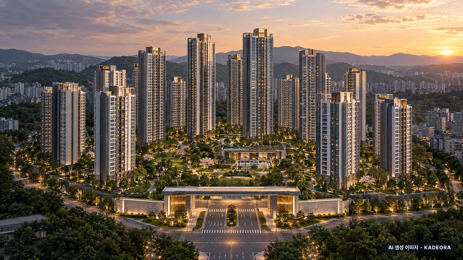 e편한세상 성성호수공원 13개동·최고 39층·총 1,763세대(이번 1,498세대 공급) 기준 AI 상상도(단지 입구) — 실제와 다를 수 있음