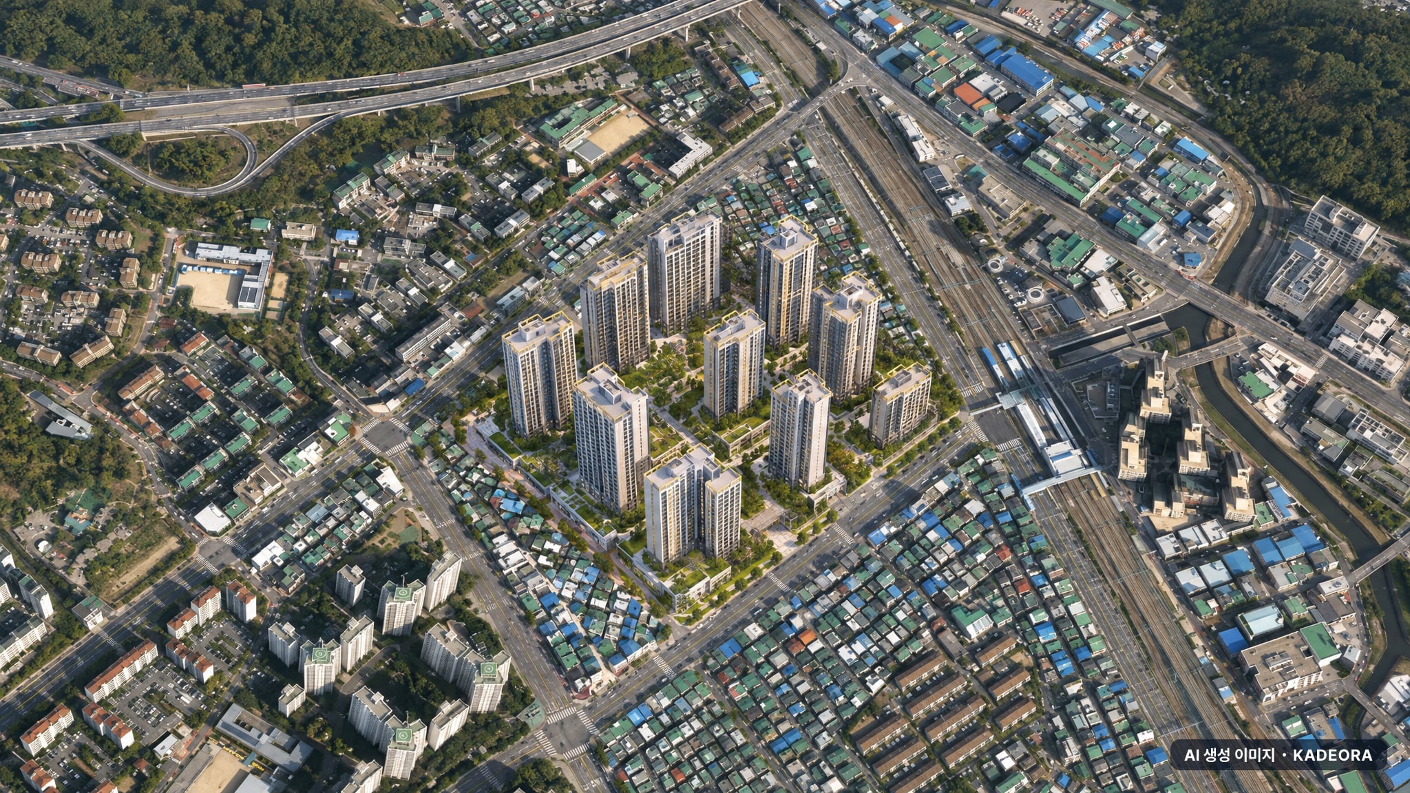 군포시 산본1동1지구 단지 전경 AI 상상도(주간 항공) — 경기 군포시 조합설립 1,856세대