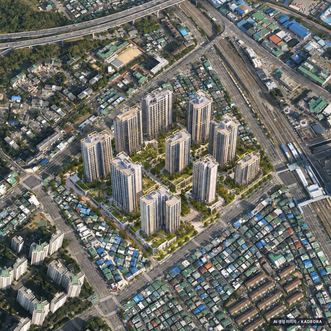 군포시 산본1동1지구 조감도 AI 상상도(주간 항공) — 경기 군포시 조합설립 1,856세대
