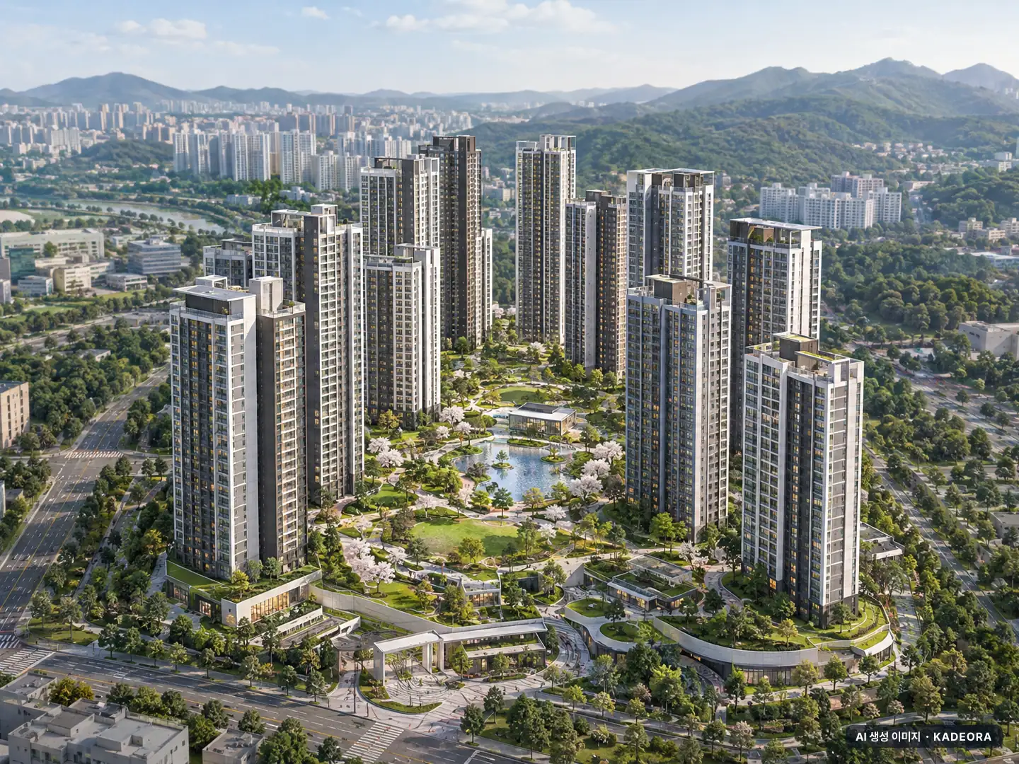 아이파크 무등산 스카이포레 이번 2,299세대 공급 기준 AI 상상도(주간 항공) — 실제와 다를 수 있음