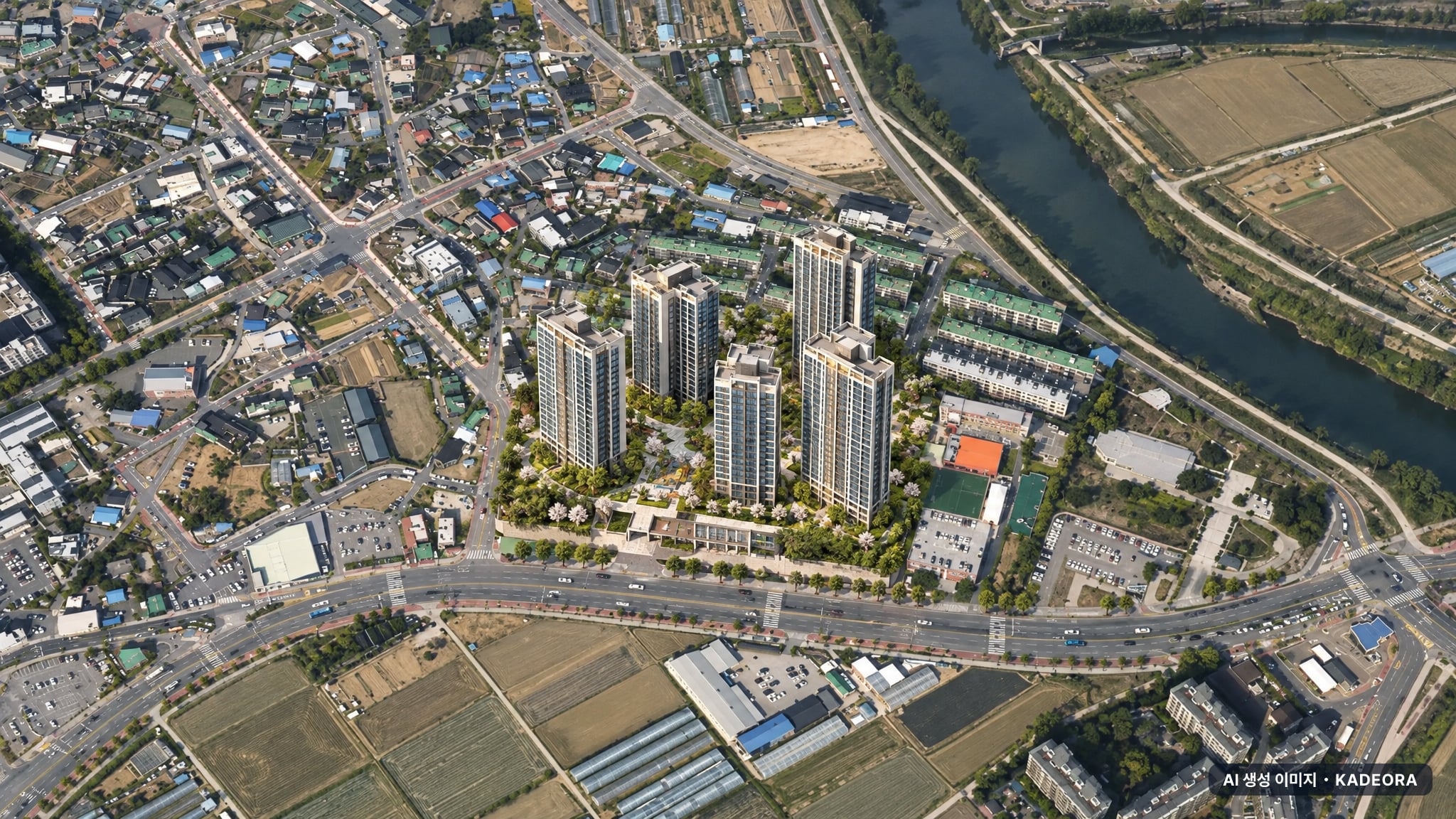 화성시 화산주택 단지 전경 AI 상상도(주간 항공) — 경기 화성시 조합설립 350세대