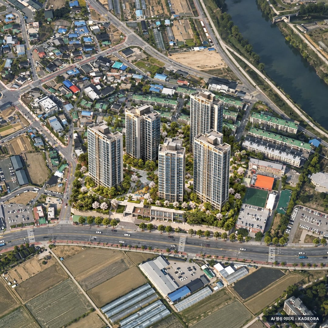 화성시 화산주택 조감도 AI 상상도(주간 항공) — 경기 화성시 조합설립 350세대